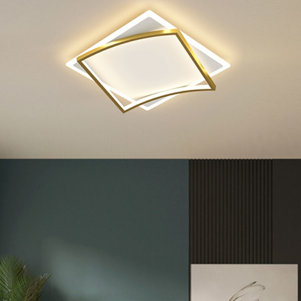 Lustra LED Asymmetric Square, cu telecomanda, 108W, auriu, cu trei tipuri de lumina, intensitate reglabila
