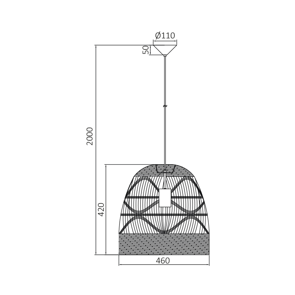 Pendul semi-cilindru mare ratan D003R-1H-1xE27, max 23W