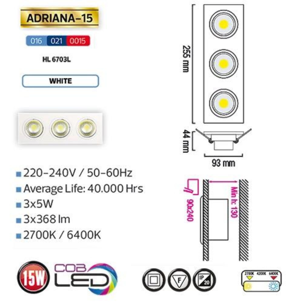 Spot Led COB, Adriana-15, 3x5W 1104Lm, Alb Reglabil 2700K 100-240V