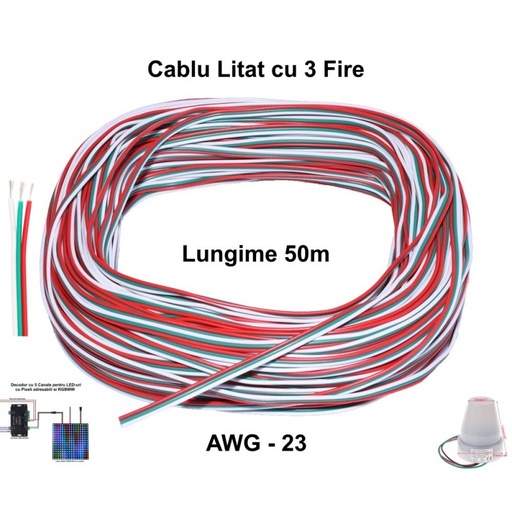 [ALX-18E019] Cablu 3 fire banda led RGB, 50ml rola